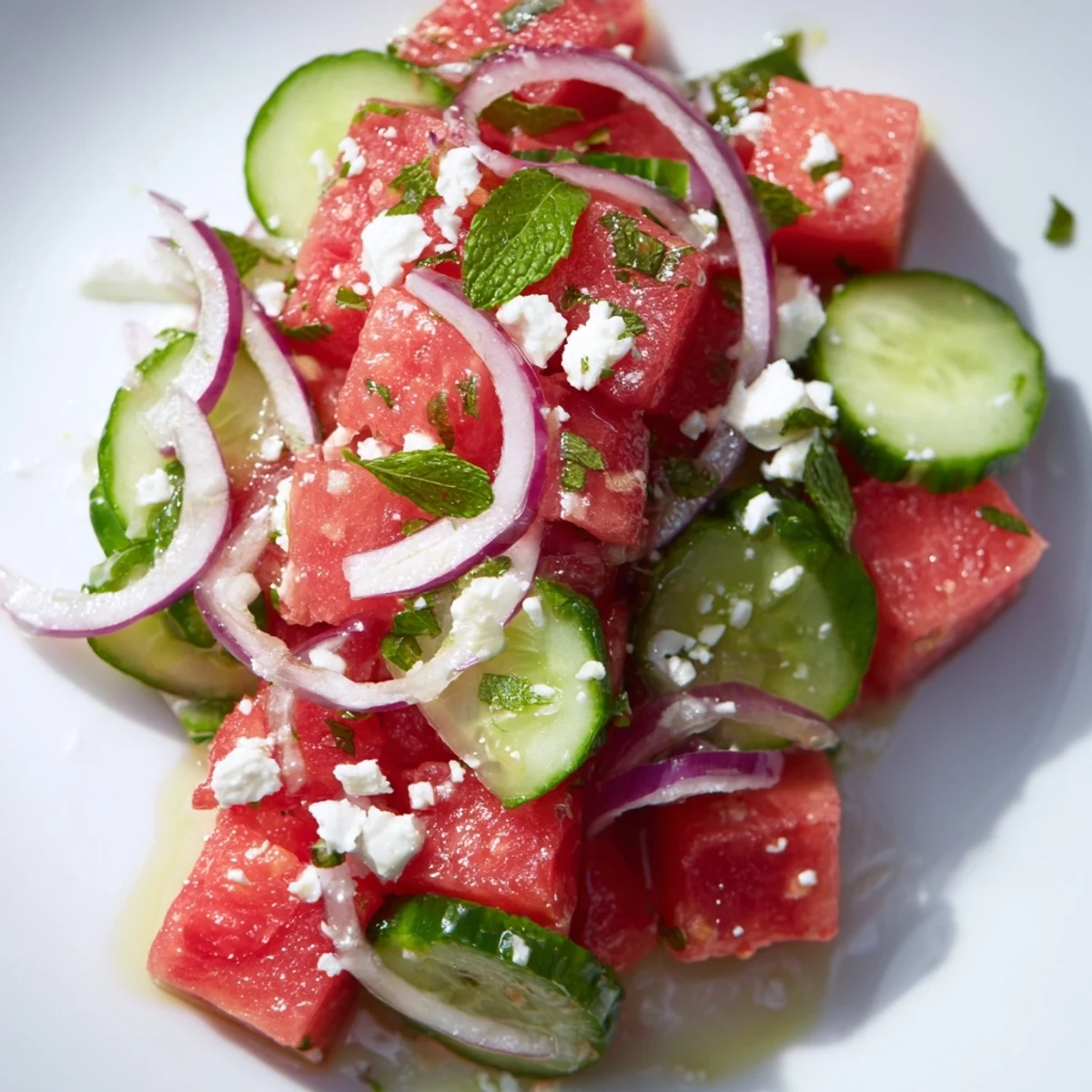 Crisp watermelon and cucumber salad tossed in tangy lime with fresh mint  