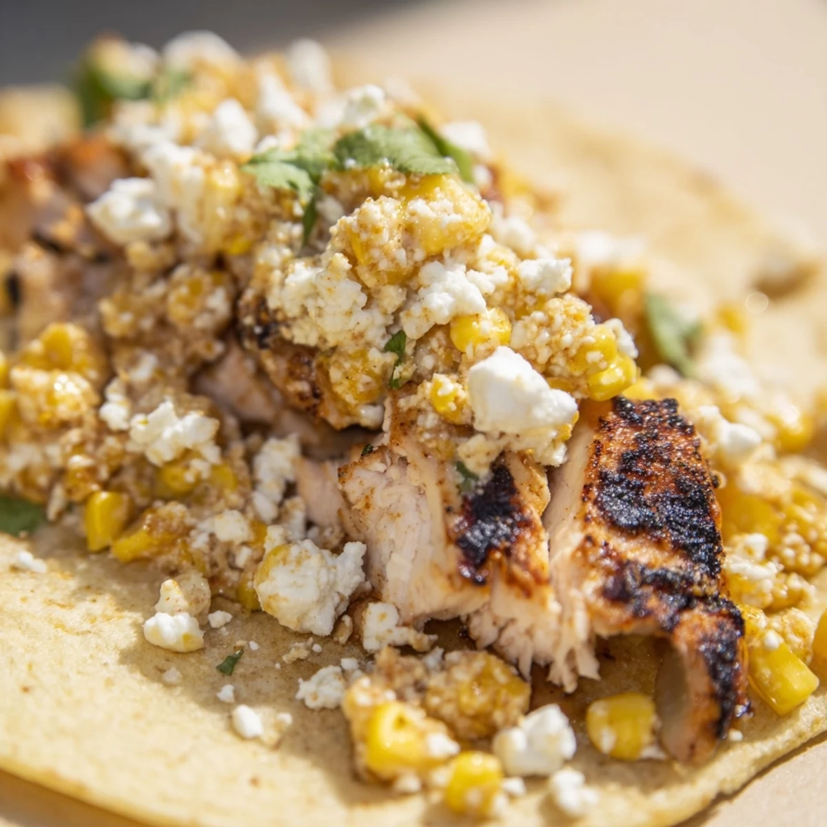 Crazy Good Street Corn Chicken Tacos topped with creamy corn and zesty lime.