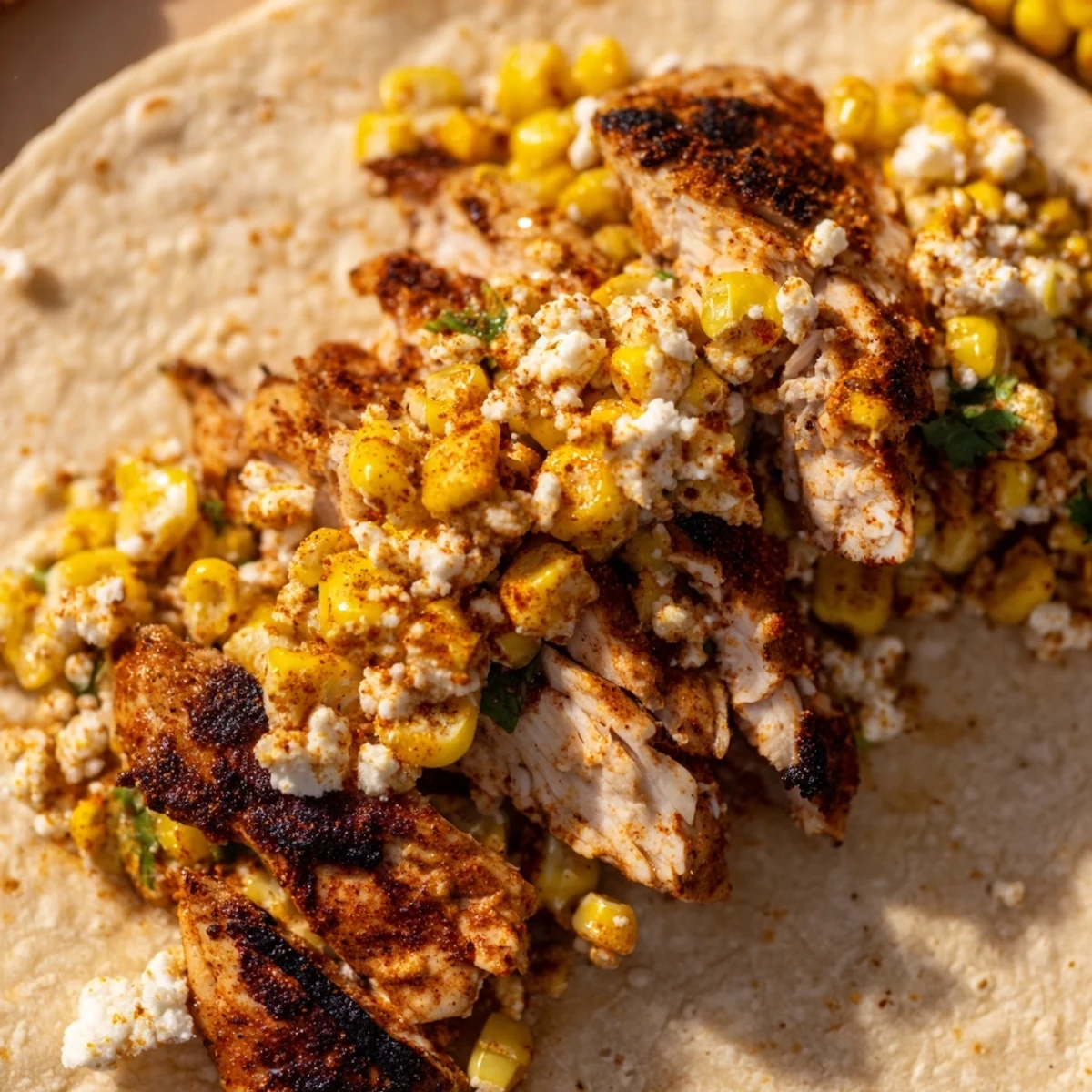 Golden grilled chicken in these street corn chicken tacos with fresh cilantro garnish.