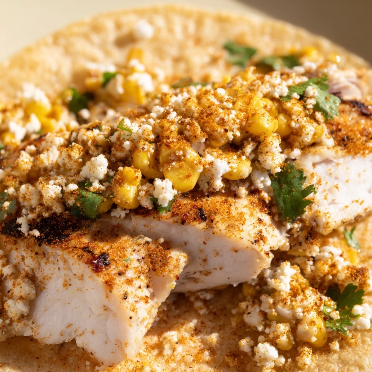 A hearty plate of street corn chicken tacos featuring spicy mayo and cheese.