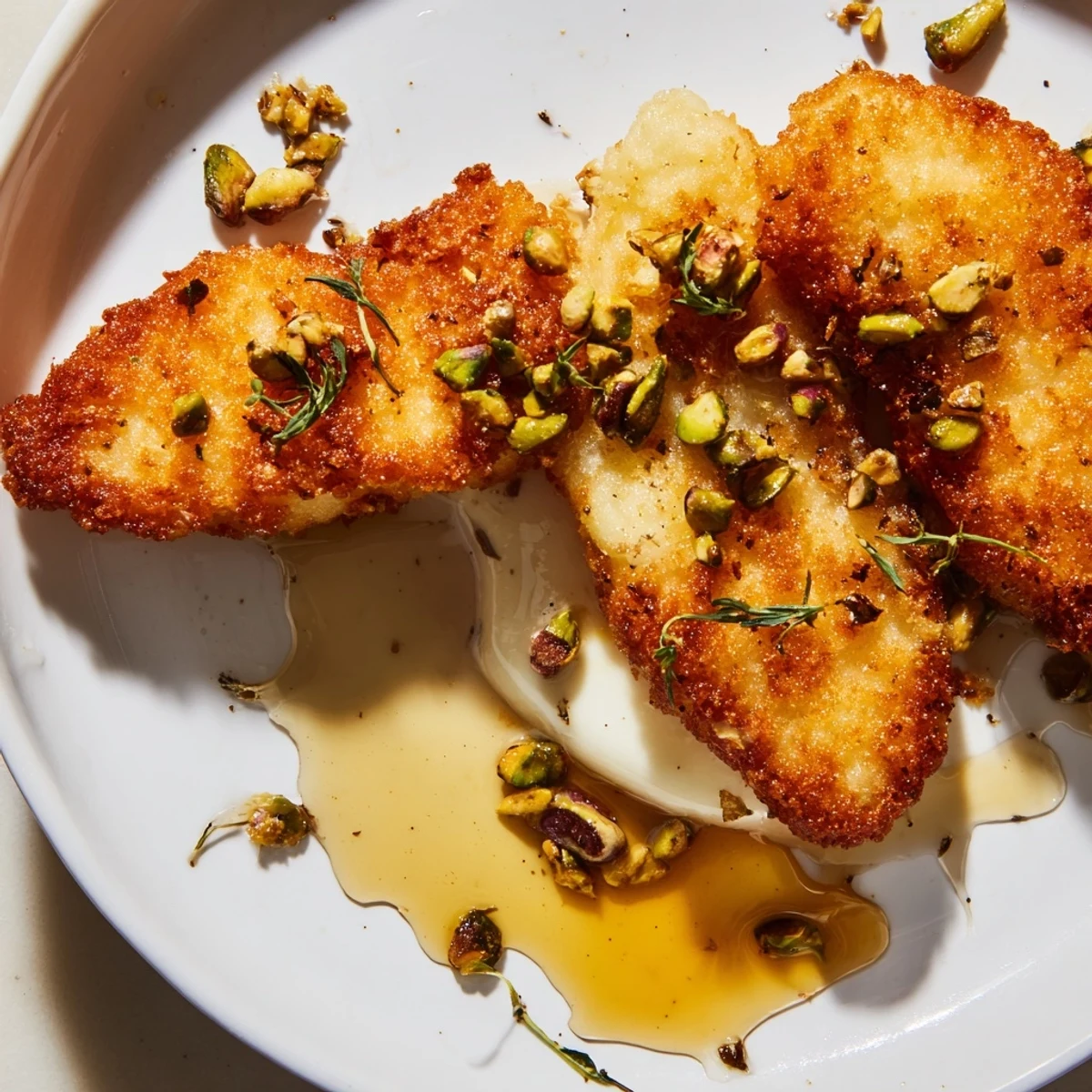 Crispy fried honey halloumi topped with toasted pistachios and a sprinkle of thyme.  