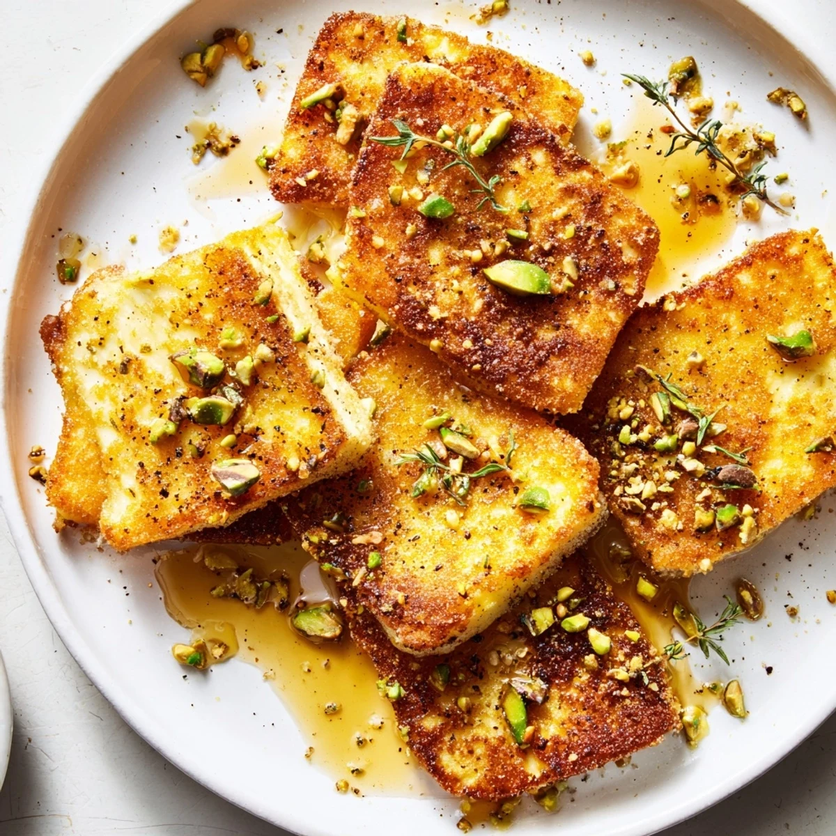 Savory honey halloumi appetizer served hot with honey glaze and crunchy nuts.