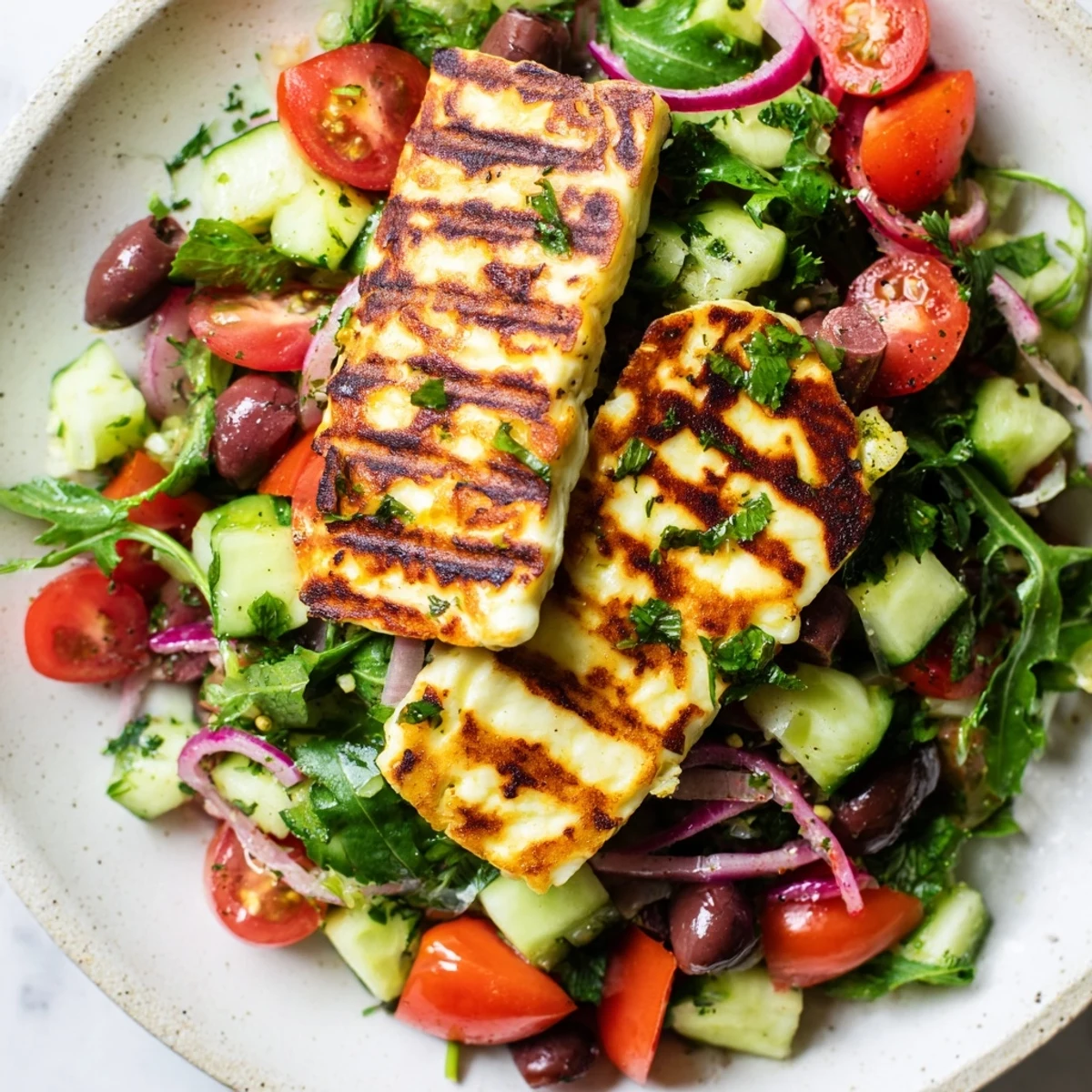 Warm grilled halloumi slices paired with crisp Mediterranean salad and tangy lemon dressing