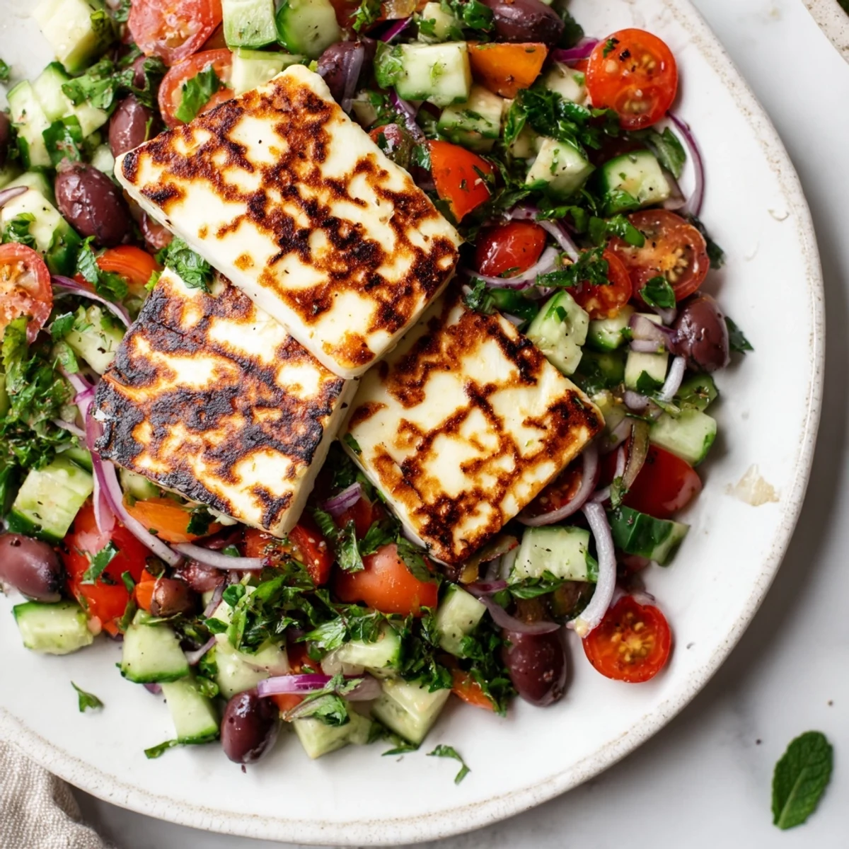 Golden grilled halloumi served atop a fresh Mediterranean salad with vibrant vegetables