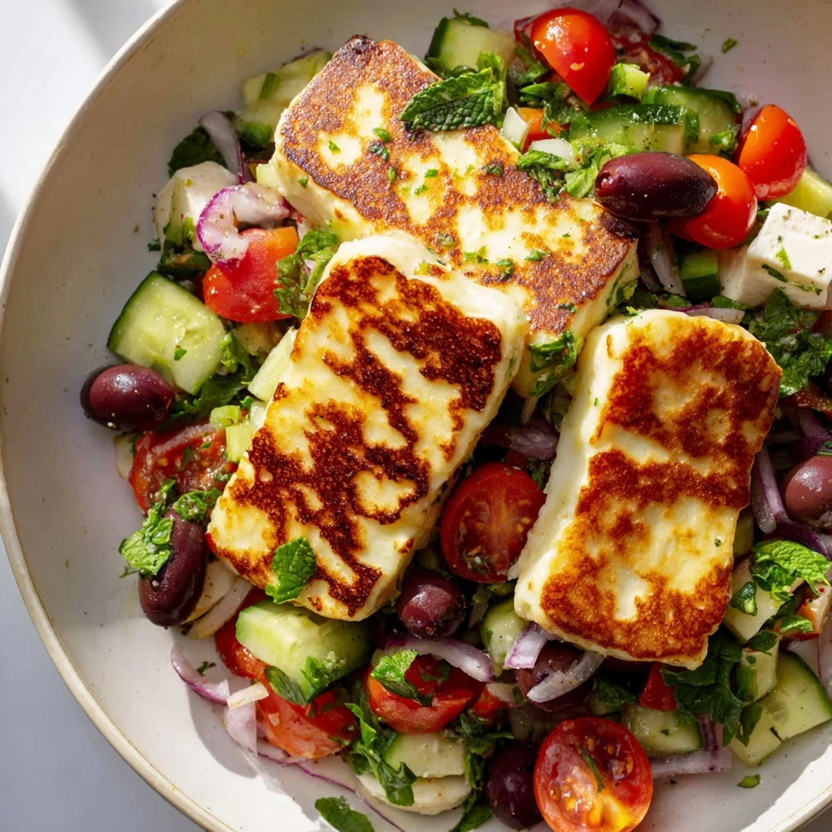 Savory grilled halloumi resting on a bed of refreshing Mediterranean salad and herbs
