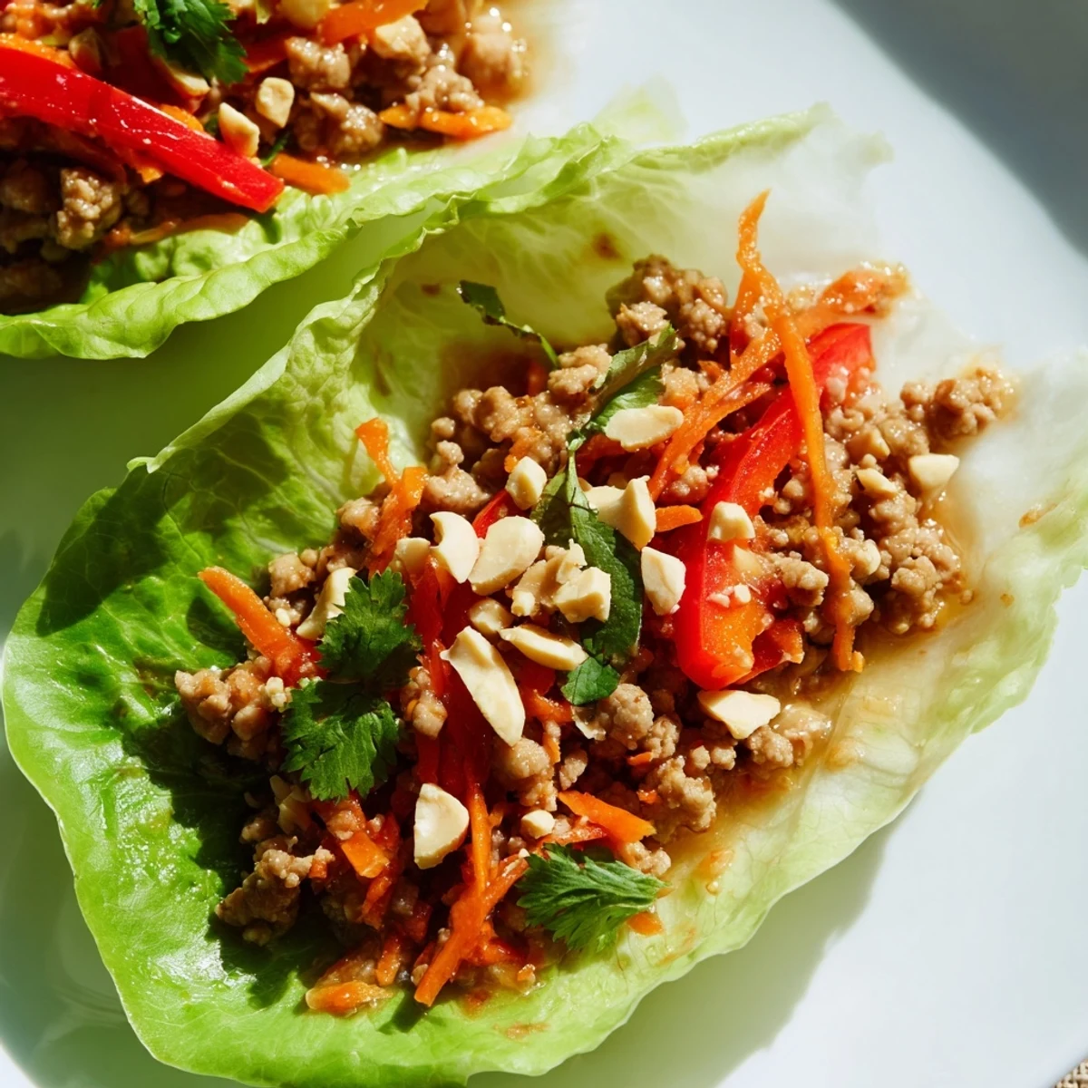 Fresh Thai chicken lettuce wraps topped with peanuts, cilantro, and lime wedges.