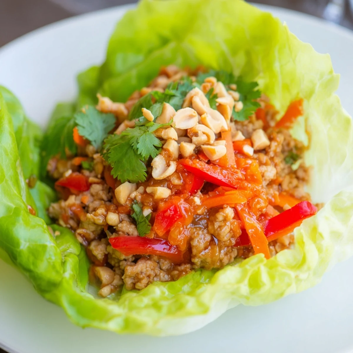 Savory Thai chicken lettuce wraps filled with minced meat and crisp vegetables.