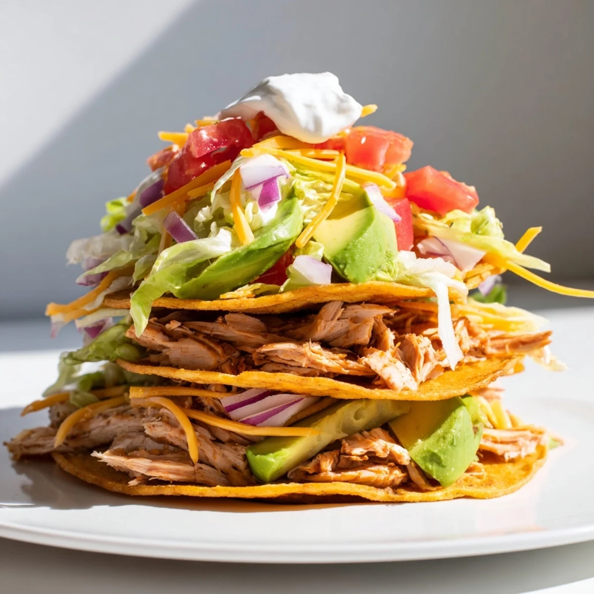 Crispy chicken tostadas piled high with fresh veggies and creamy toppings.  