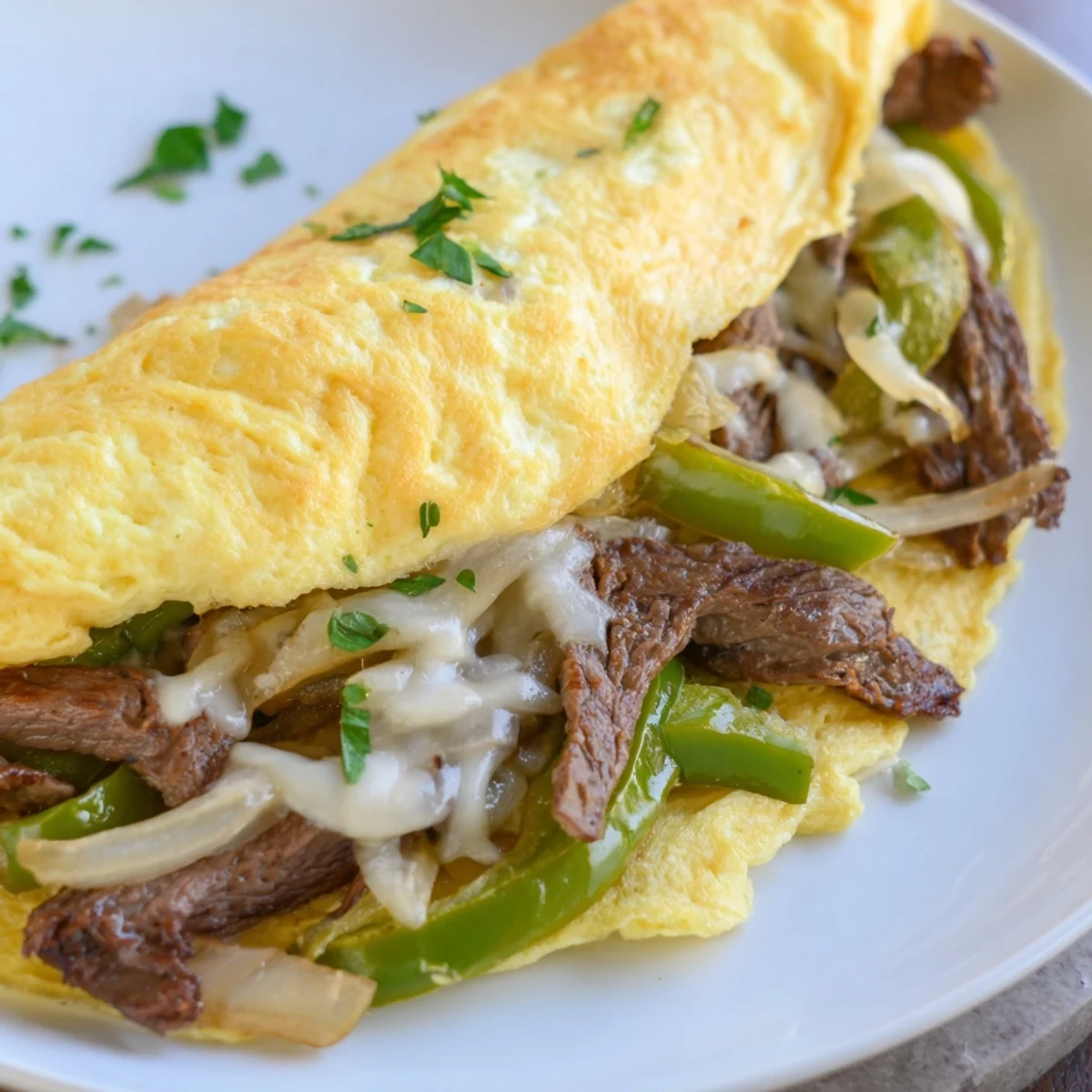 Golden Philly cheesesteak omelette stuffed with savory steak, peppers, and melted provolone cheese  