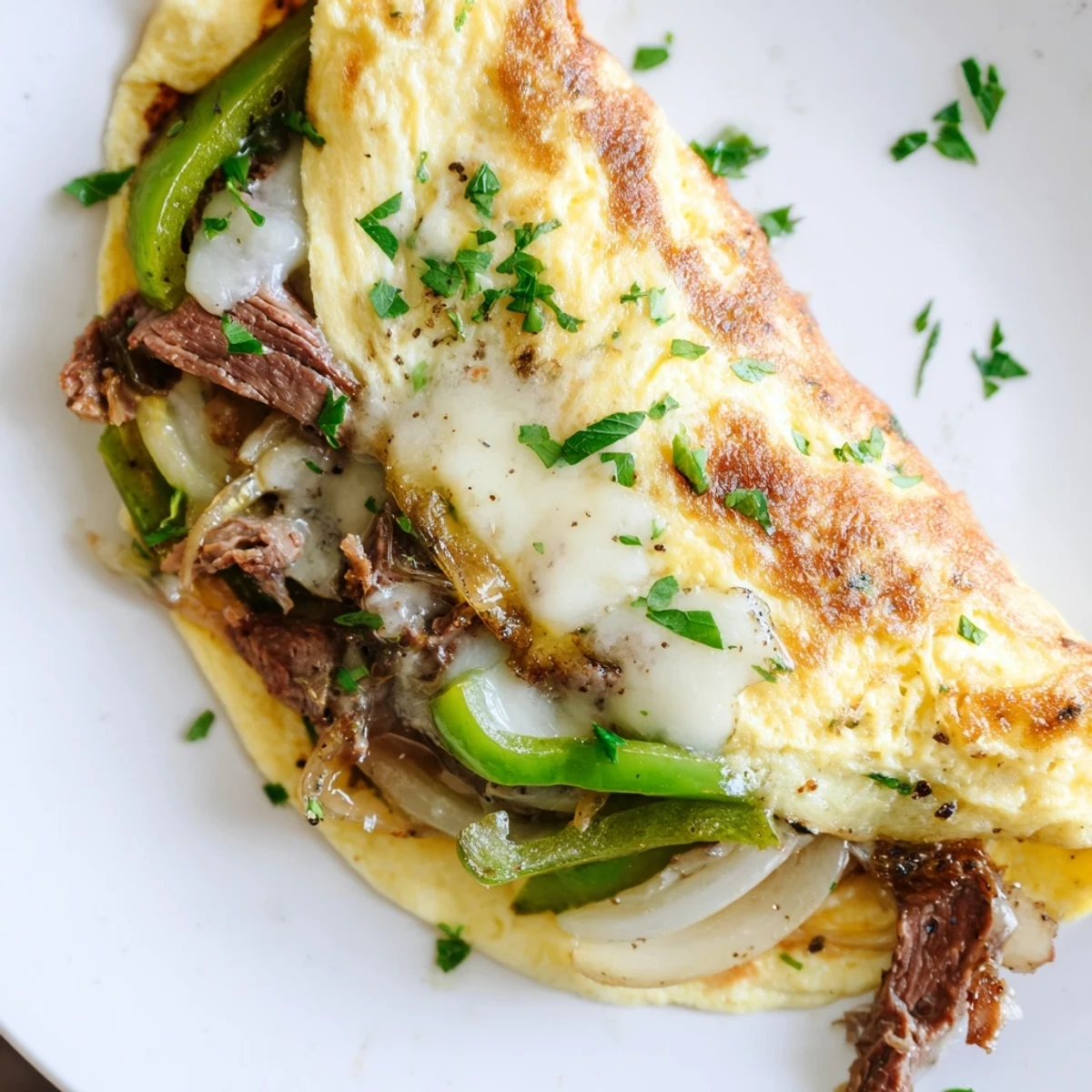 Fluffy folded omelette filled with tender beef, sautéed onions, and gooey provolone for breakfast  
