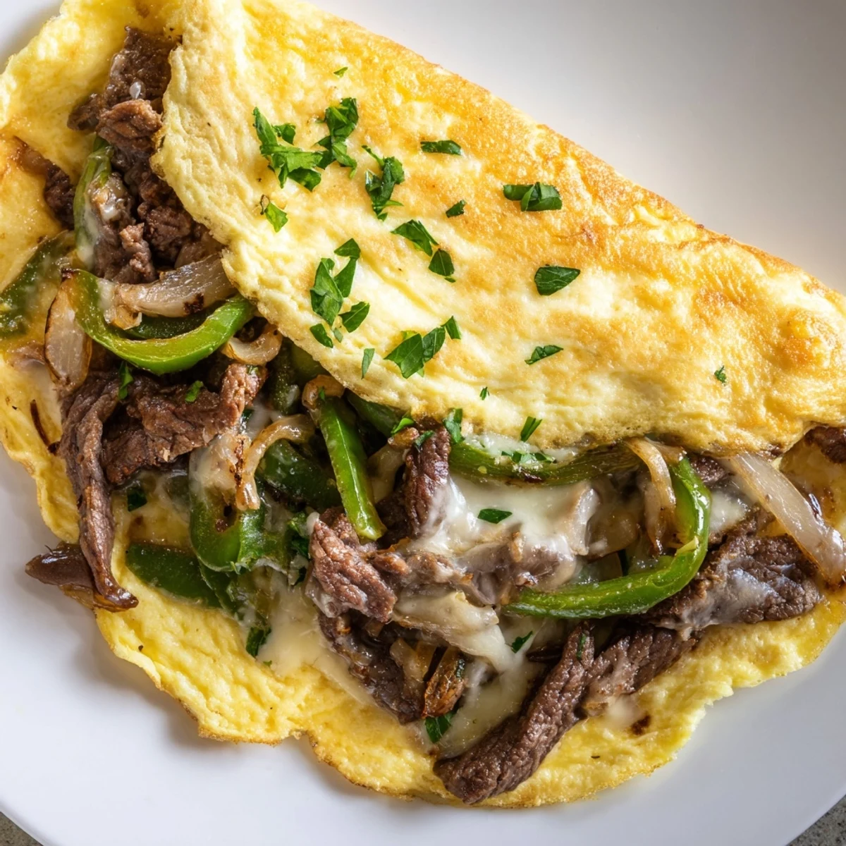 Close-up of Philly cheesesteak omelette topped with parsley, showcasing steak and veggie filling inside