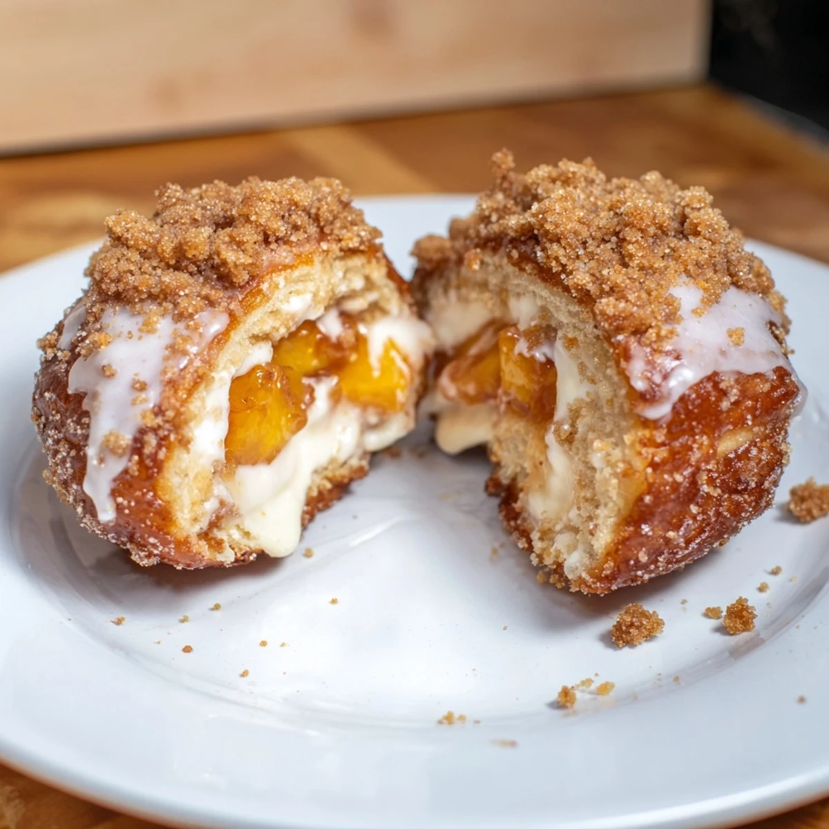 Golden fried Peach Cobbler Cheesecake Donuts topped with sweet crunchy crumb.  