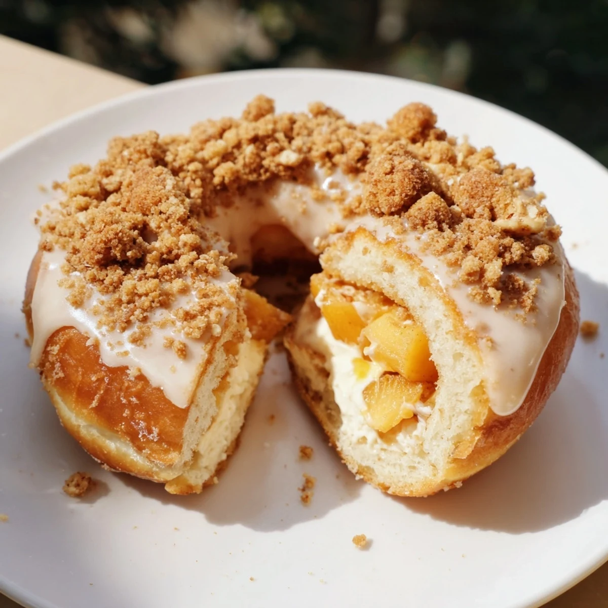 Baked donuts filled with cheesecake and peaches drizzled with vanilla glaze.  