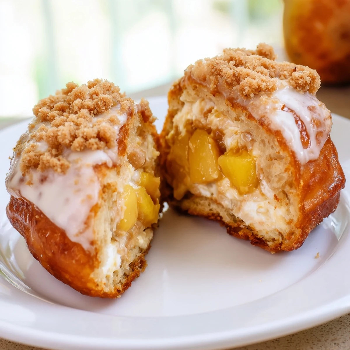 Sweet Peach Cobbler Cheesecake Donuts with creamy filling and crumb topping.