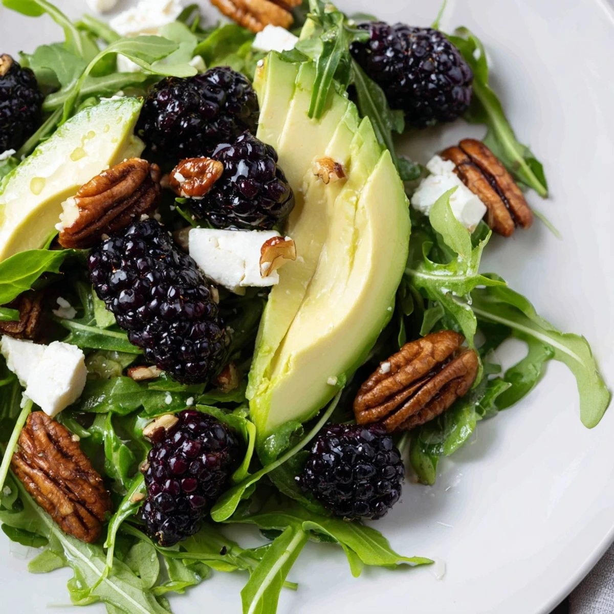 Vibrant Blackberry Avocado Salad topped with creamy avocado and fresh blackberries  