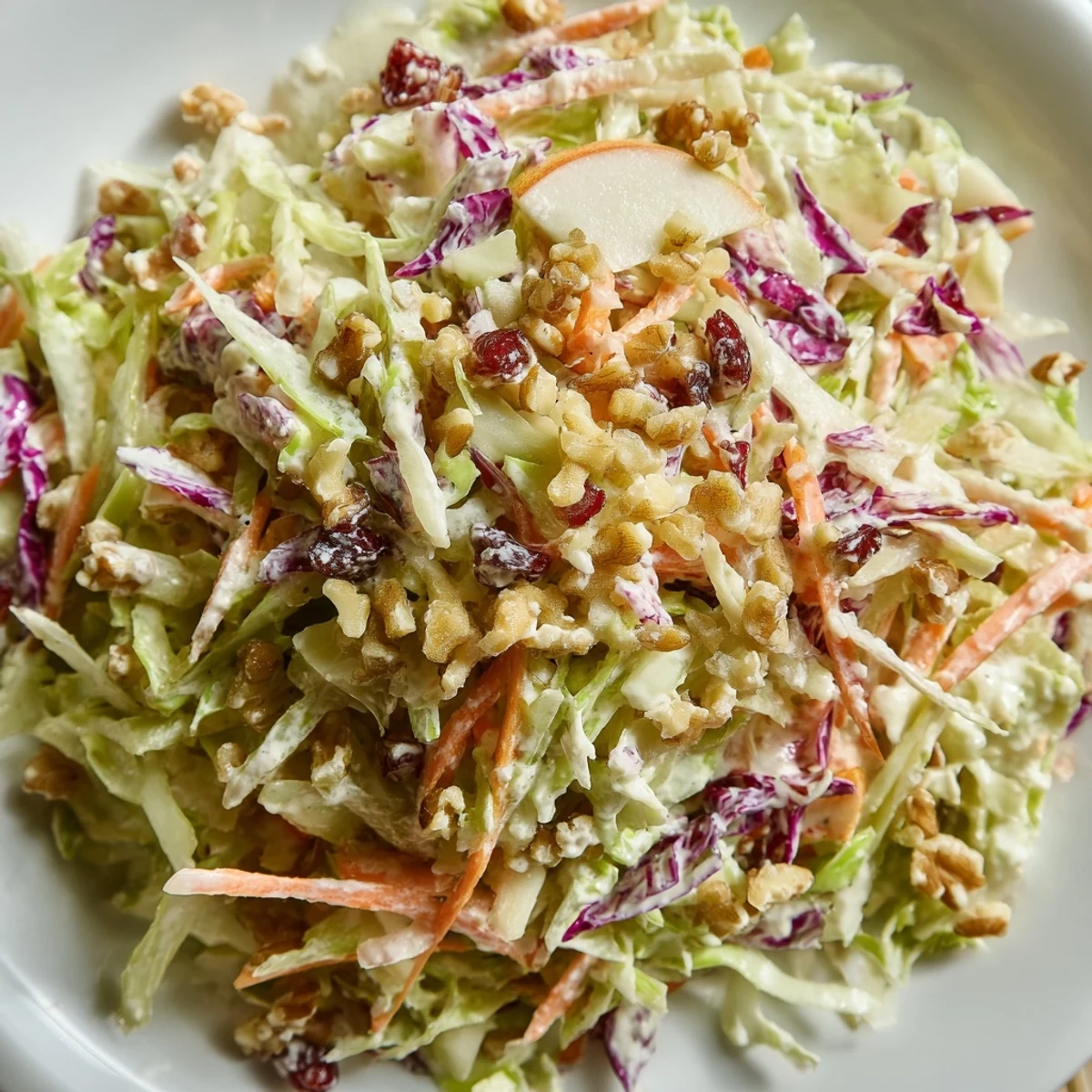 Colorful Cranberry Apple Coleslaw in a bowl with creamy dressing and fresh toppings  