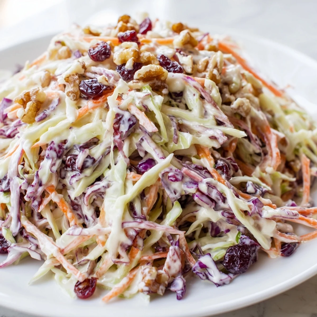 A vibrant serving of Cranberry Apple Coleslaw showcasing crunchy veggies and sweet dried fruit