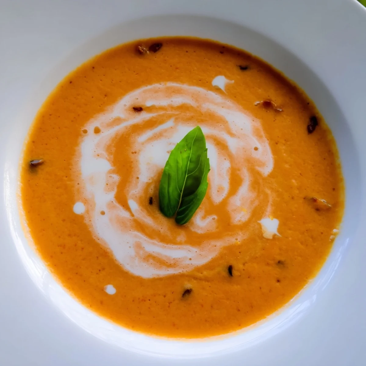 Bowl of creamy roasted tomato basil soup topped with fresh basil.  