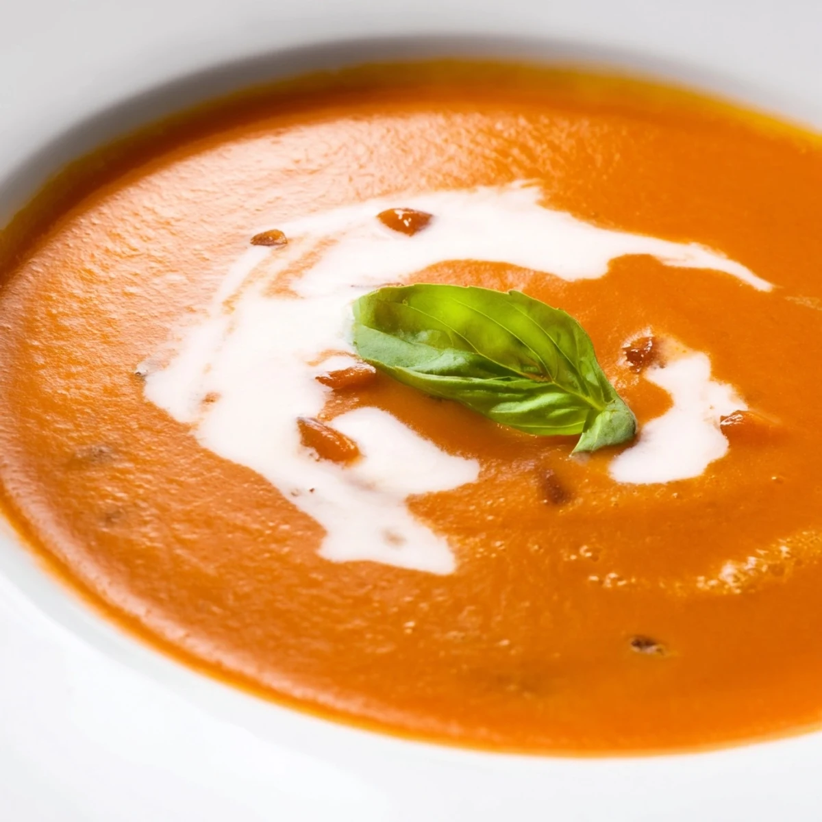 Steaming roasted tomato basil soup garnished with herbs for a comforting meal.