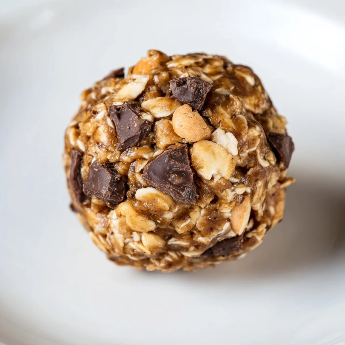 Snickers energy balls topped with chopped peanuts and chocolate chips on a plate.