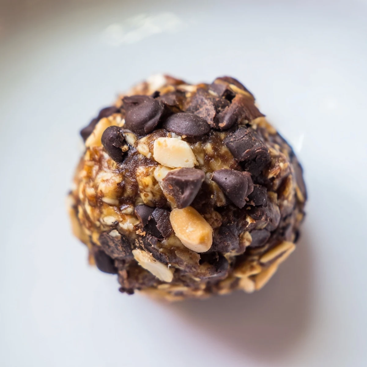 Bite-sized Snickers energy balls showing creamy peanut butter and dark chocolate layers.