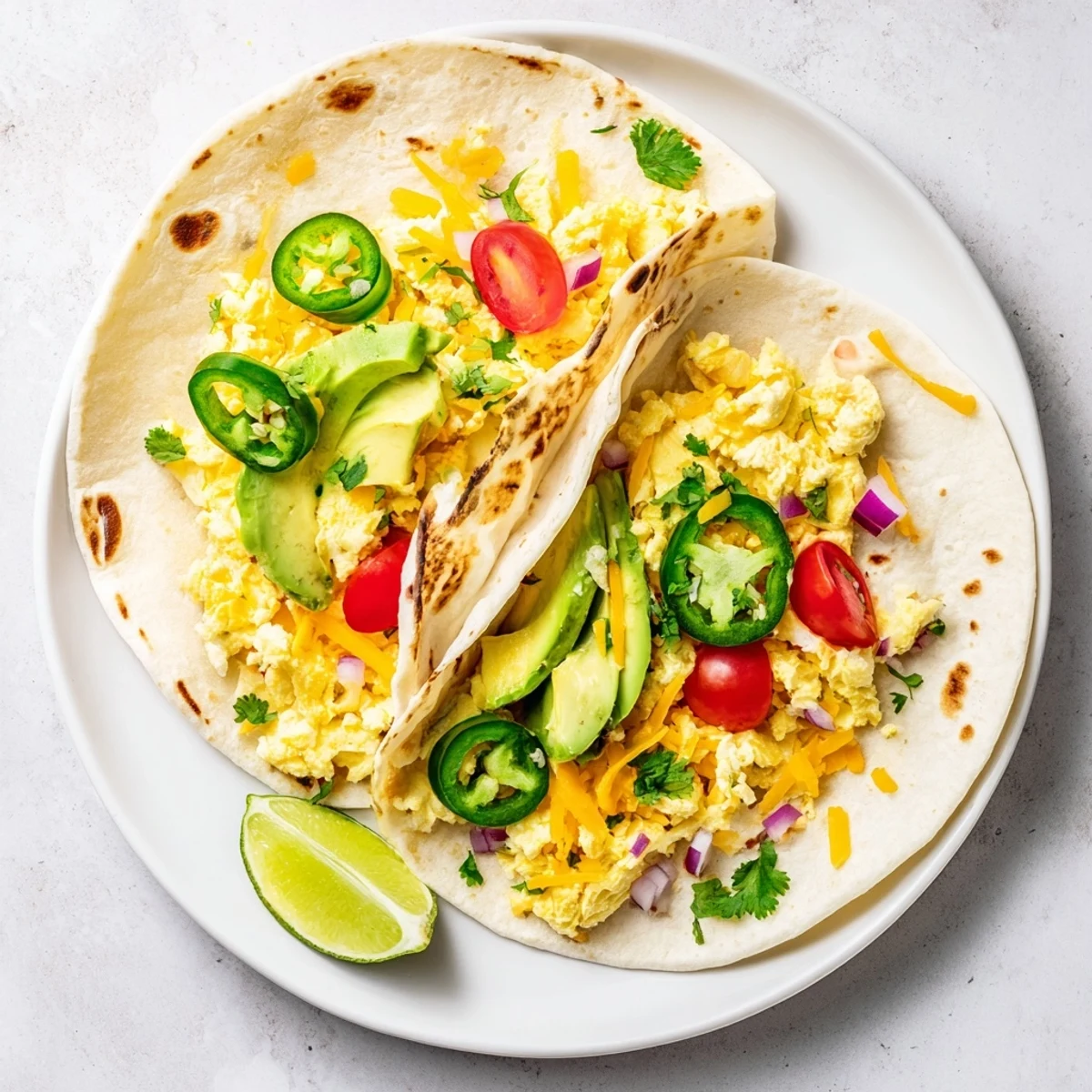 Fluffy eggs and fresh avocado fill these delicious breakfast tacos recipes.  