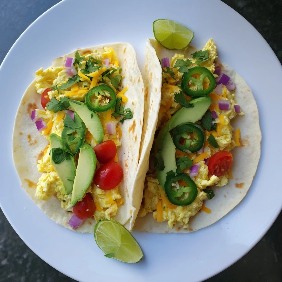 Golden scrambled eggs with savory cheese in a warm breakfast tacos recipe.  
