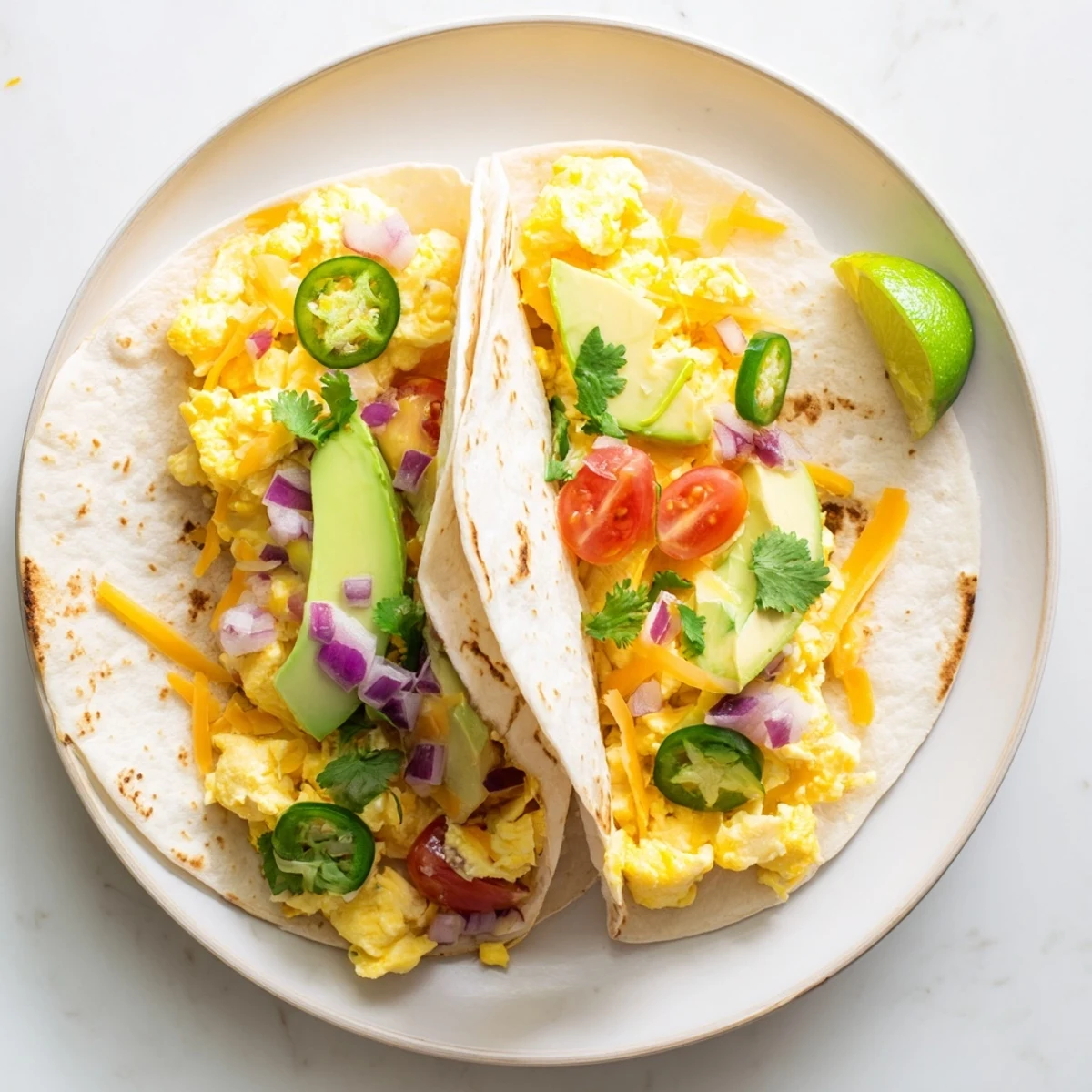 Vibrant vegetables topped with cilantro on a soft breakfast tacos recipe tortilla.