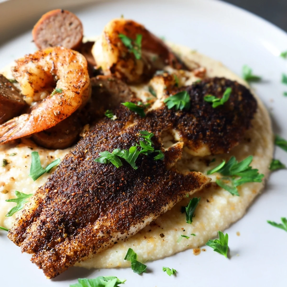 Blackened Cajun Catfish Shrimp Sausage Grits served with fresh parsley and lemon.