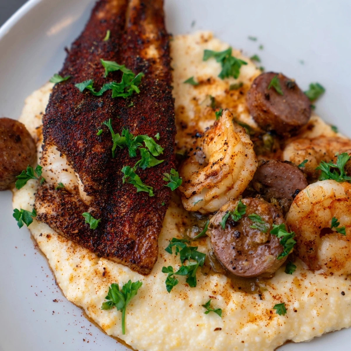 Hearty plate of Blackened Cajun Catfish Shrimp Sausage Grits, a Southern comfort meal.
