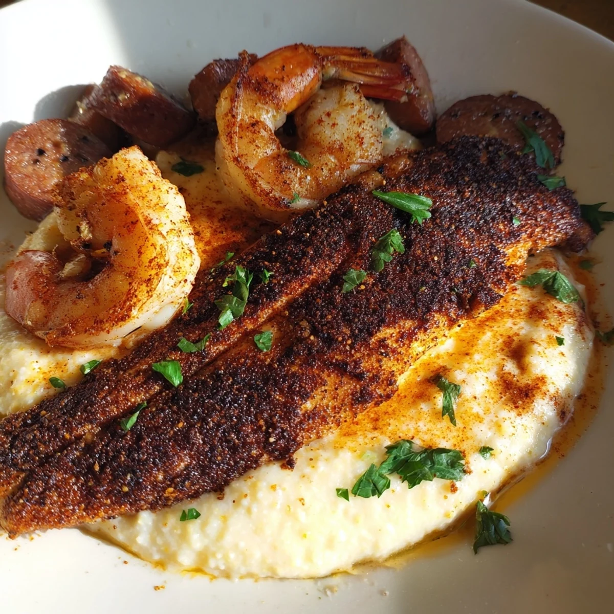 Creamy cheese grits topped with spicy blackened catfish, shrimp, and sliced andouille.