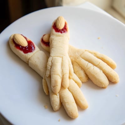 Golden Creepy Witch Finger Cookies arranged on parchment with raspberry jam details