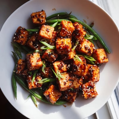 Crispy black pepper tofu tossed with blistered green beans in a glossy peppery sauce