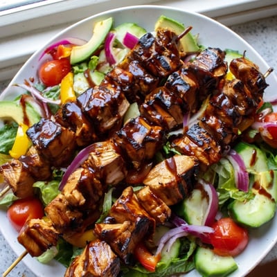 Juicy grilled BBQ chicken skewer salad topped with creamy avocado and tomatoes