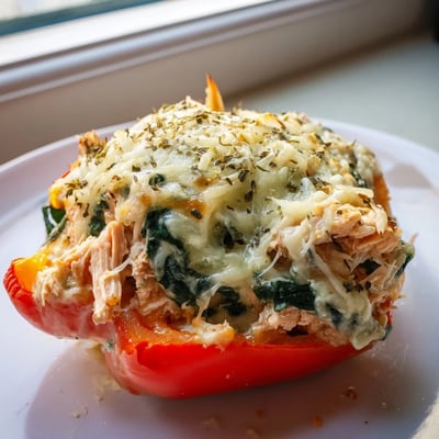 Colorful bell peppers overflowing with creamy chicken Florentine filling on a rustic plate