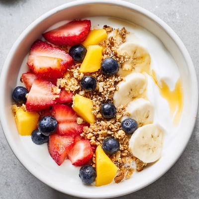 Vibrant yogurt fruit bowl drizzled with honey, fresh strawberries, and chia seeds