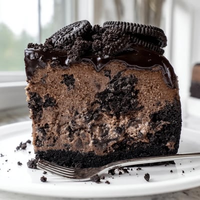 Rich Oreo chocolate cheesecake topped with dark ganache and scattered cookie crumb garnish