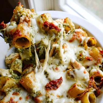 Creamy pesto chicken pasta bake with gooey cheese, sun-dried tomatoes, and tender penne