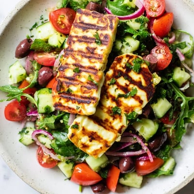 Warm grilled halloumi slices paired with crisp Mediterranean salad and tangy lemon dressing