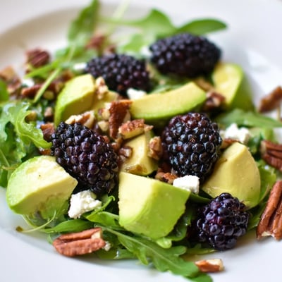 Fresh Blackberry Avocado Salad with crunchy pecans and tangy feta cheese  